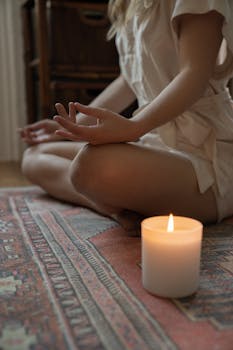 Experience tranquility with a lit candle and meditative pose, ideal for mindfulness practices.
